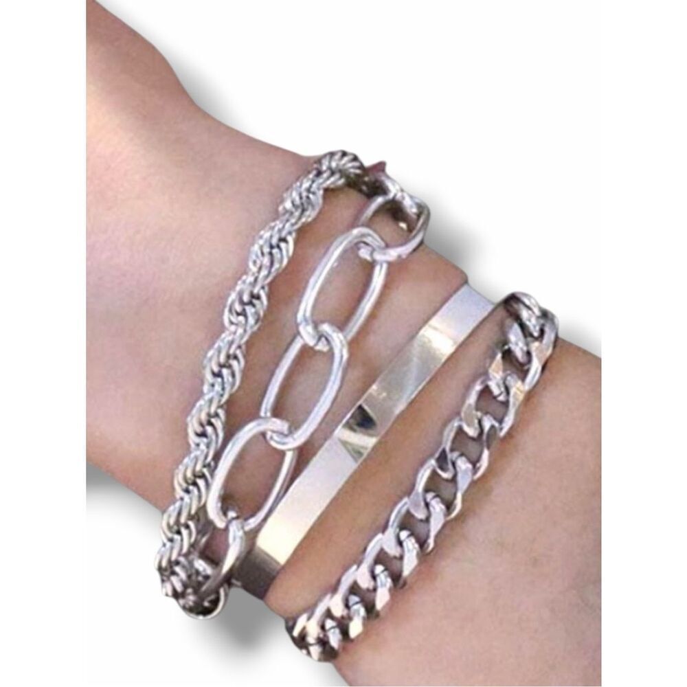 Silver Stackable Chain Bracelet Set - Picture 2 of 3